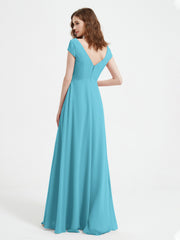 A-line V-neck Chiffon Ruched Floor-length Dress Pool Plus Size