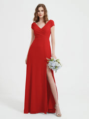 A-line V-neck Chiffon Ruched Floor-length Dress Red