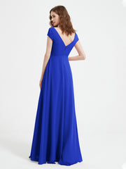 A-line V-neck Chiffon Ruched Floor-length Dress Royal Blue