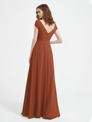 A-line V-neck Chiffon Ruched Floor-length Dress Rust Plus Size