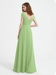 A-line V-neck Chiffon Ruched Floor-length Dress Sage
