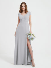 A-line V-neck Chiffon Ruched Floor-length Dress Silver