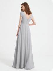 A-line V-neck Chiffon Ruched Floor-length Dress Silver