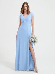 A-line V-neck Chiffon Ruched Floor-length Dress Sky Blue