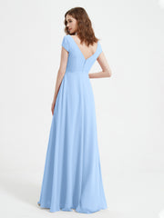 A-line V-neck Chiffon Ruched Floor-length Dress Sky Blue