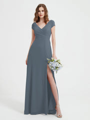 A-line V-neck Chiffon Ruched Floor-length Dress Slate Blue Plus Size