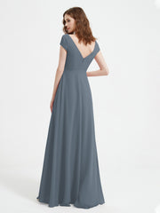 A-line V-neck Chiffon Ruched Floor-length Dress Slate Blue
