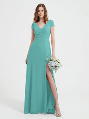 A-line V-neck Chiffon Ruched Floor-length Dress Spa