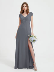 A-line V-neck Chiffon Ruched Floor-length Dress Steel Grey