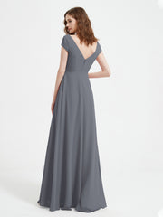 A-line V-neck Chiffon Ruched Floor-length Dress Steel Grey