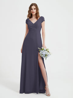 A-line V-neck Chiffon Ruched Floor-length Dress Stormy