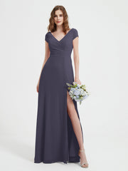 A-line V-neck Chiffon Ruched Floor-length Dress Stormy Plus Size