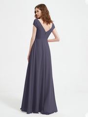 A-line V-neck Chiffon Ruched Floor-length Dress Stormy