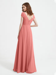 A-line V-neck Chiffon Ruched Floor-length Dress Sunset