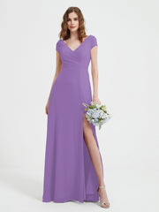 A-line V-neck Chiffon Ruched Floor-length Dress Tahiti