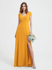 A-line V-neck Chiffon Ruched Floor-length Dress Tangerine