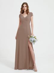 A-line V-neck Chiffon Ruched Floor-length Dress Taupe