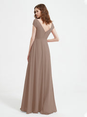 A-line V-neck Chiffon Ruched Floor-length Dress Taupe Plus Size