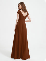 A-line V-neck Chiffon Ruched Floor-length Dress Terracotta