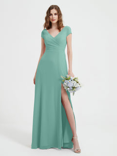 A-line V-neck Chiffon Ruched Floor-length Dress Turquoise