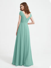 A-line V-neck Chiffon Ruched Floor-length Dress Turquoise