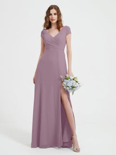 A-line V-neck Chiffon Ruched Floor-length Dress Vintage Mauve