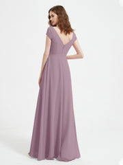 A-line V-neck Chiffon Ruched Floor-length Dress Vintage Mauve
