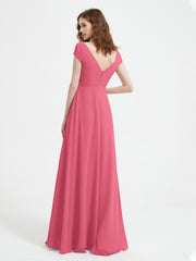 A-line V-neck Chiffon Ruched Floor-length Dress Watermelon