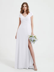 A-line V-neck Chiffon Ruched Floor-length Dress White