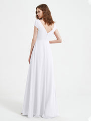 A-line V-neck Chiffon Ruched Floor-length Dress White