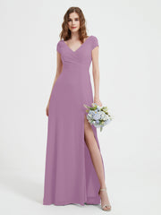 A-line V-neck Chiffon Ruched Floor-length Dress Wisteria Plus Size