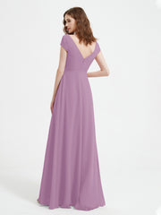 A-line V-neck Chiffon Ruched Floor-length Dress Wisteria