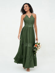 V-neck Chiffon and Lace Long Boho Dresses Olive Green