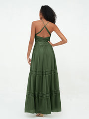 V-neck Chiffon and Lace Long Boho Dresses Olive Green