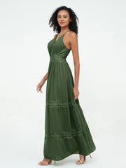 V-neck Chiffon and Lace Long Boho Dresses Olive Green