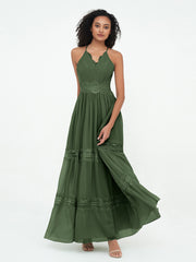 V-neck Chiffon and Lace Long Boho Dresses Olive Green