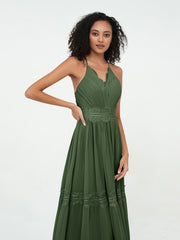 V-neck Chiffon and Lace Long Boho Dresses Olive Green