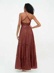 V-neck Chiffon and Lace Long Boho Dresses Terracotta