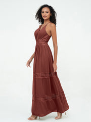 V-neck Chiffon and Lace Long Boho Dresses Terracotta