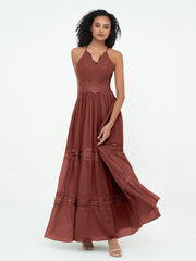 V-neck Chiffon and Lace Long Boho Dresses Terracotta