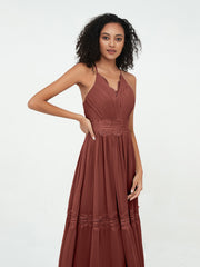 V-neck Chiffon and Lace Long Boho Dresses Terracotta