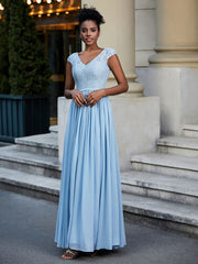 Lace and Chiffon Maxi Cap Sleeves Dress Sky Blue