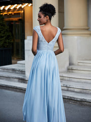 Lace and Chiffon Maxi Cap Sleeves Dress Sky Blue