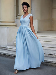 Lace and Chiffon Maxi Cap Sleeves Dress Sky Blue