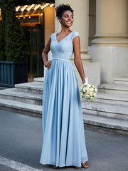 Lace and Chiffon Maxi Cap Sleeves Dress Sky Blue