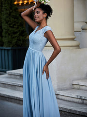 Lace and Chiffon Maxi Cap Sleeves Dress Sky Blue