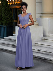 Lace and Chiffon Maxi Cap Sleeves Dress Periwinkle Plus Size