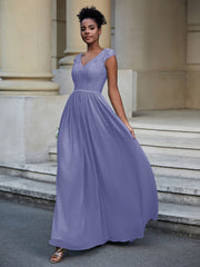 Lace and Chiffon Maxi Cap Sleeves Dress Periwinkle Plus Size