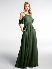 Cold-Shoulder Chiffon Empire Gown with Pockets Olive Green
