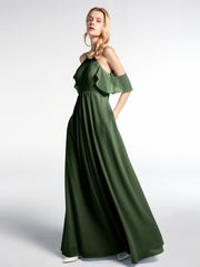 Cold-Shoulder Chiffon Empire Gown with Pockets Olive Green